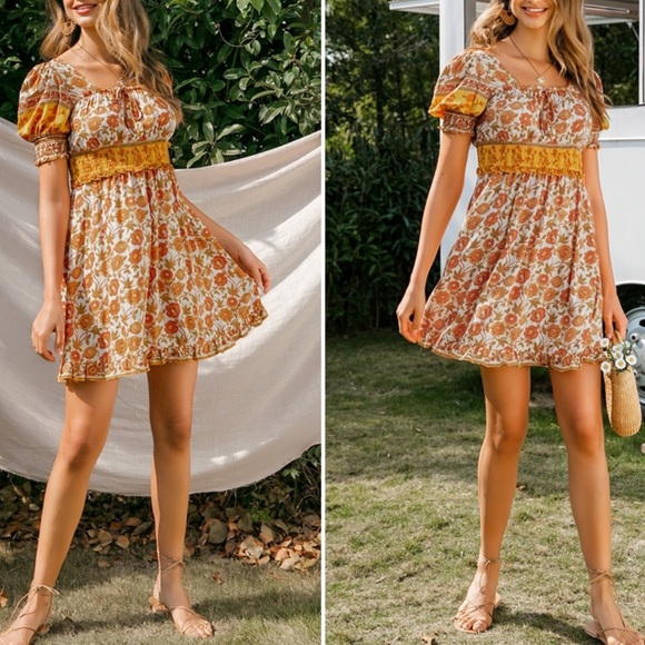 Boho Floral Gypsy Print Milkmaid Dress Yellow - Picture 10 of 11